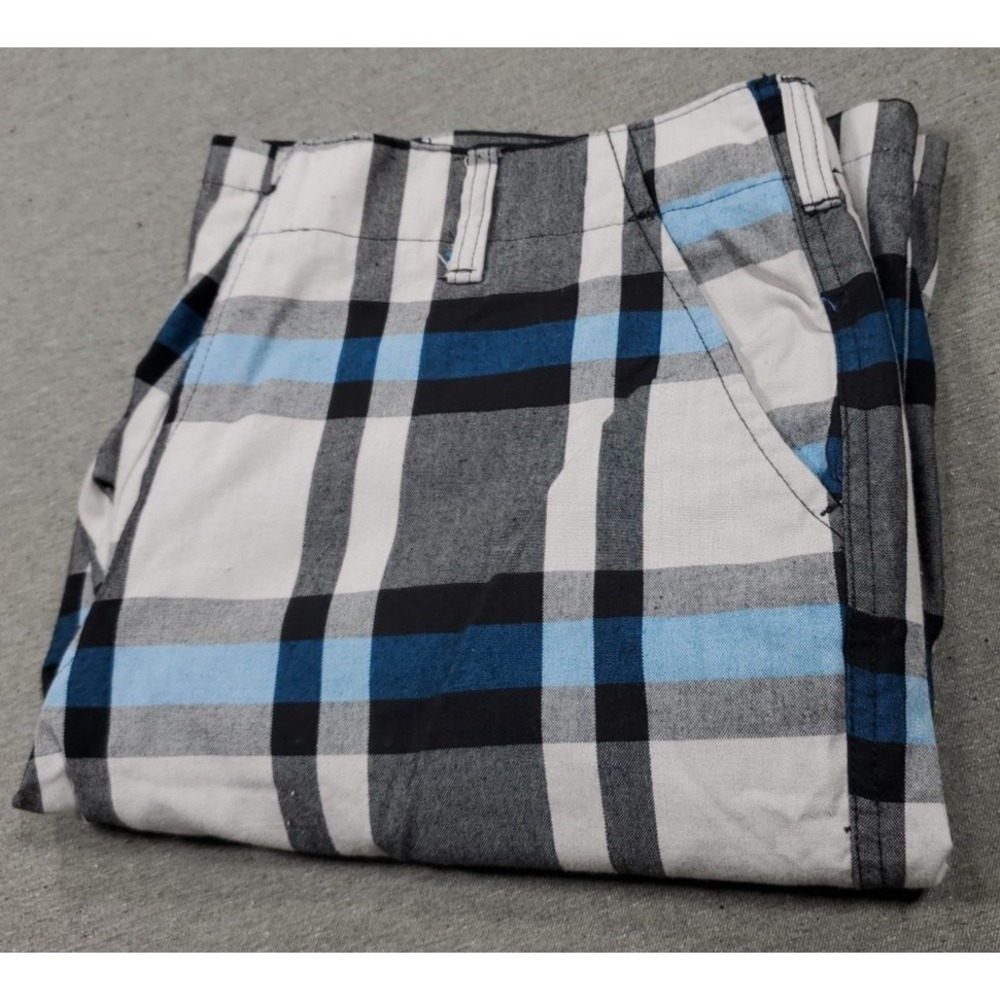 Burnside Blue Plaid Shorts Men Sz 36 Flat Front Slash Pocket Cotton Blend Preppy